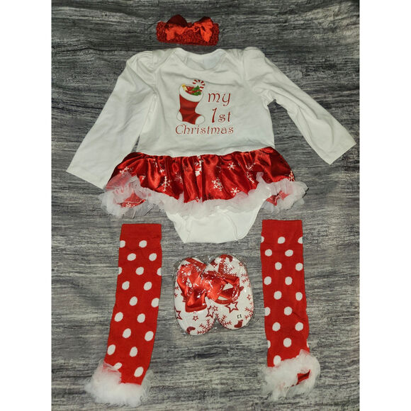 My 1st‎ Christmas Holiday Party Red Snowflake  4 Piece Outfit Size 12-18 months - Picture 1 of 9